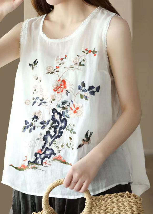 Handmade White O Neck Embroideried Patchwork Linen Tops Summer