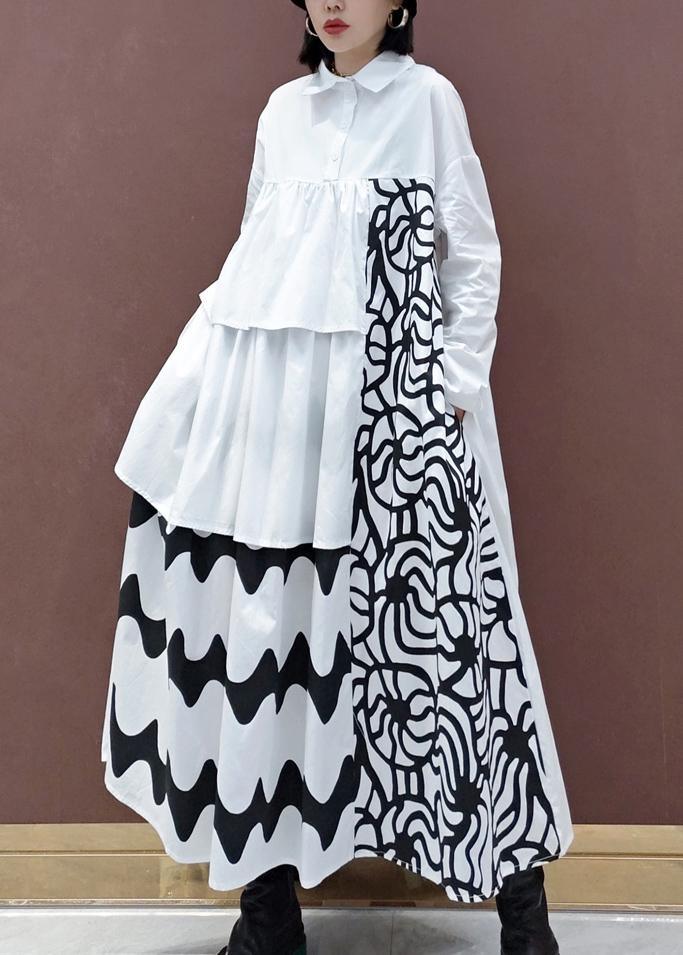 Handmade White Print Quilting Clothes Lapel Asymmetric Loose Spring Dresses - Omychic