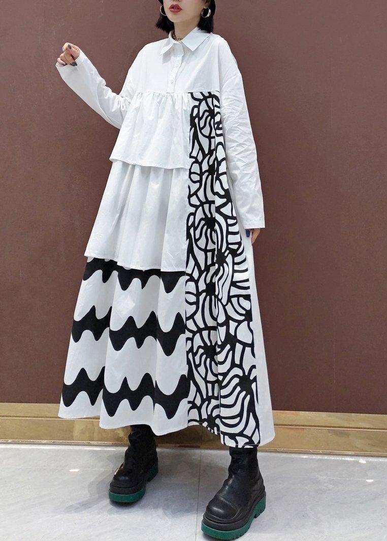 Handmade White Print Quilting Clothes Lapel Asymmetric Loose Spring Dresses - Omychic