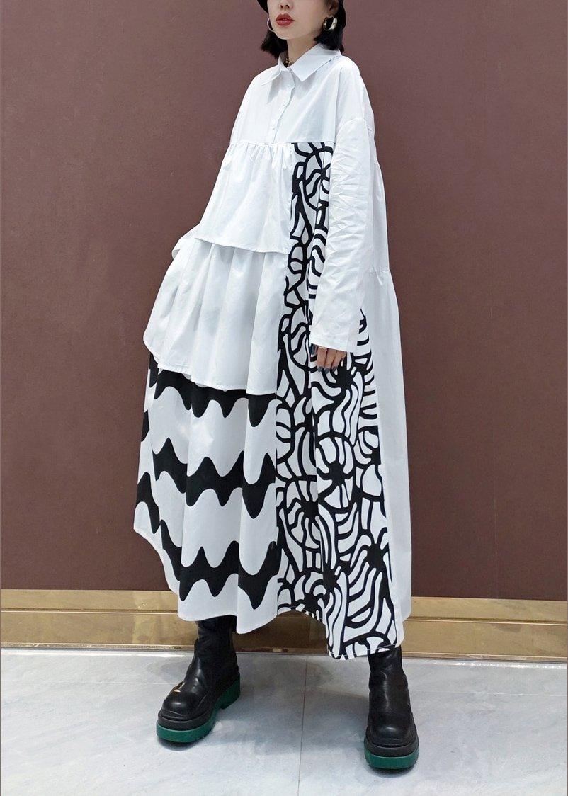 Handmade White Print Quilting Clothes Lapel Asymmetric Loose Spring Dresses - Omychic