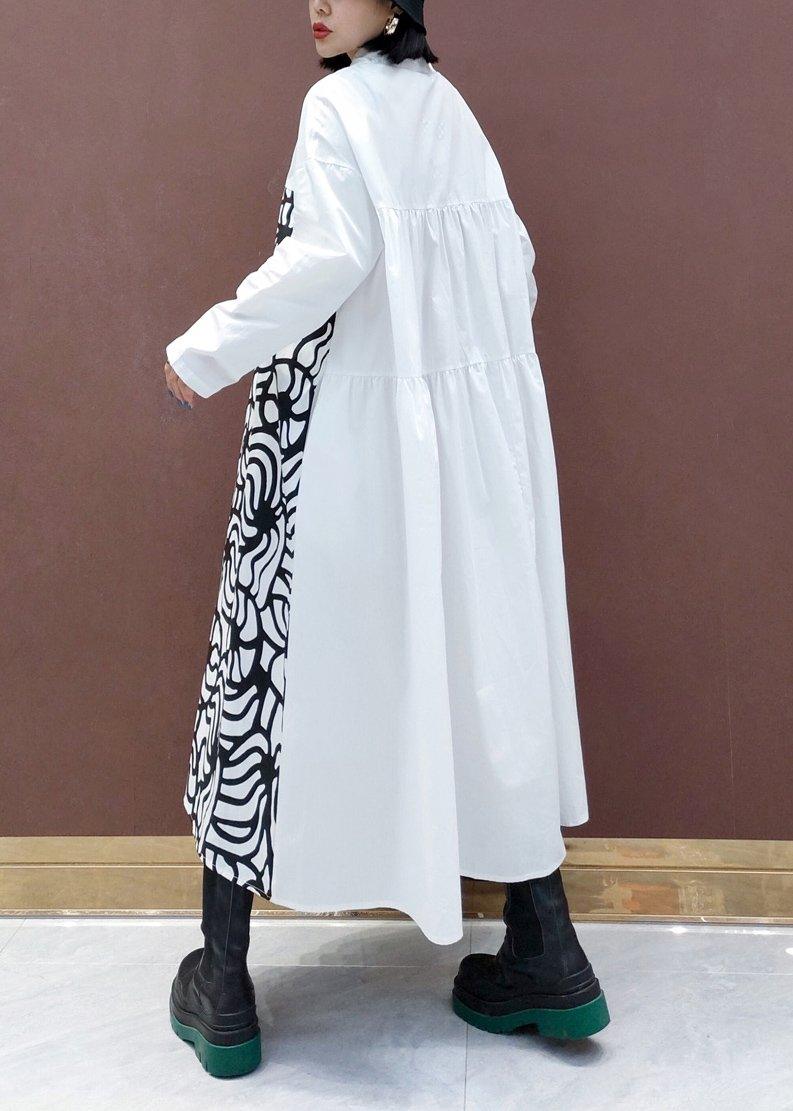 Handmade White Print Quilting Clothes Lapel Asymmetric Loose Spring Dresses - Omychic