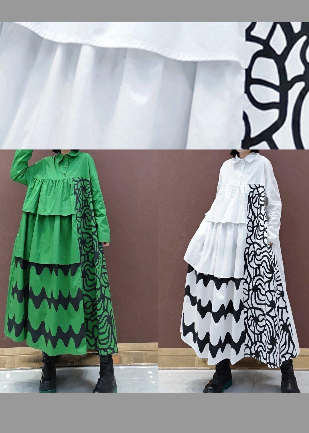 Handmade White Print Quilting Clothes Lapel Asymmetric Loose Spring Dresses - Omychic