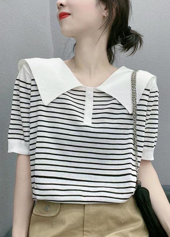 Handmade White Sailor Collar Striped Cotton T Shirt Summer