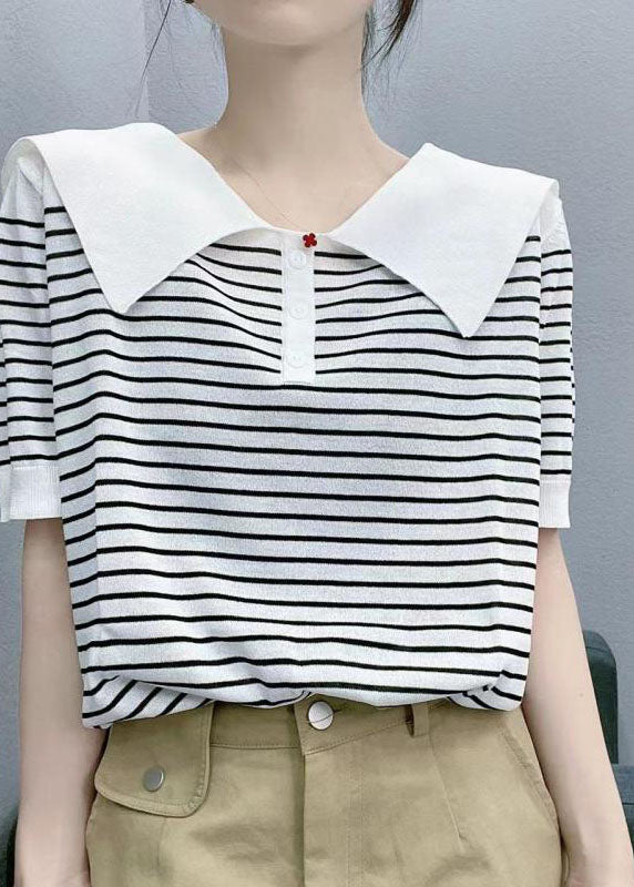 Handmade White Sailor Collar Striped Cotton T Shirt Summer