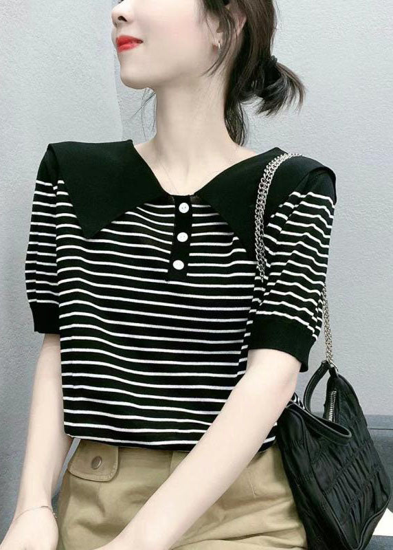 Handmade White Sailor Collar Striped Cotton T Shirt Summer