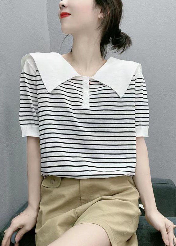 Handmade White Sailor Collar Striped Cotton T Shirt Summer