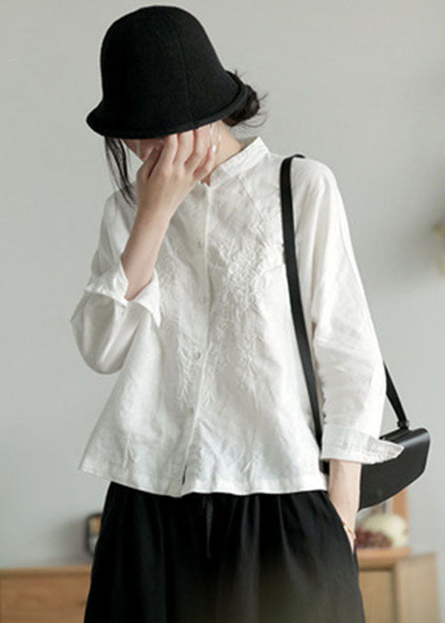 Handmade White Stand Collar Embroideried Cotton Shirts Spring