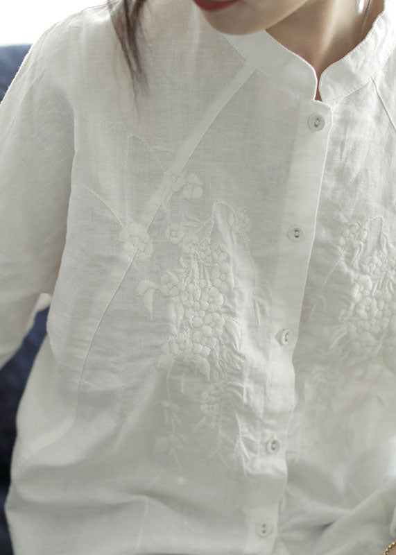 Handmade White Stand Collar Embroideried Cotton Shirts Spring