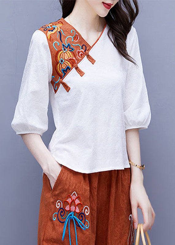 Handmade White V Neck Embroideried Floral Button Top Half Sleeve