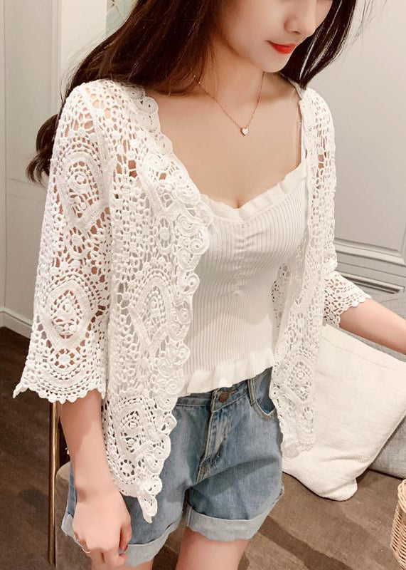 Handmade White V Neck Hollow Out Knit Cardigans Summer