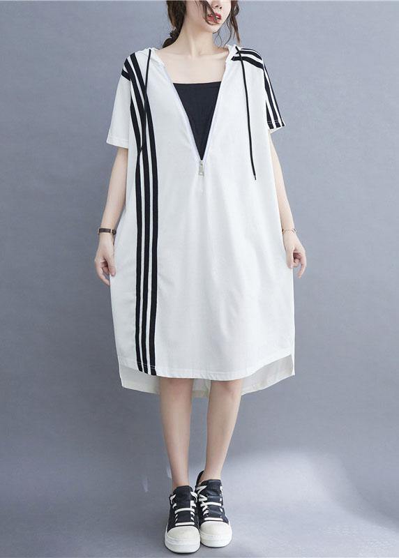 Handmade White hooded zippered Cotton Summer Mid Dress - Omychic