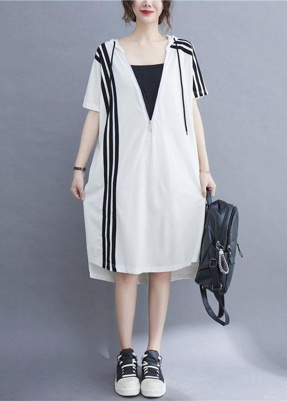Handmade White hooded zippered Cotton Summer Mid Dress - Omychic