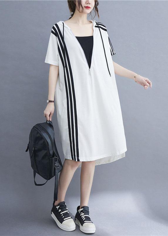 Handmade White hooded zippered Cotton Summer Mid Dress - Omychic