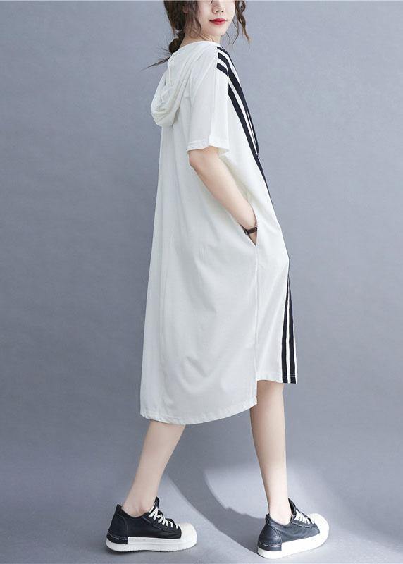 Handmade White hooded zippered Cotton Summer Mid Dress - Omychic