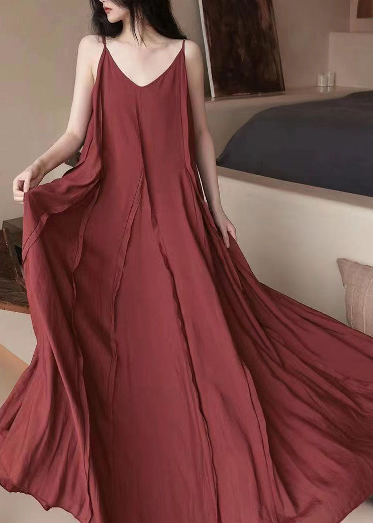 Handmade Wine Red Asymmetrical Patchwork Wrinkled Chiffon Spaghetti Strap Long Dress Summer