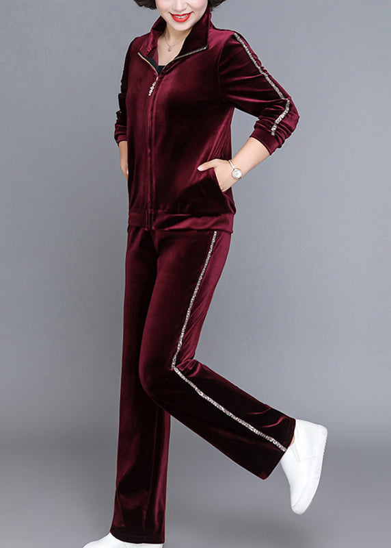 Handmade Wine Red Stand Collar Zippered Silk Velour Coats And Straight Pants Two Piece Set Fall