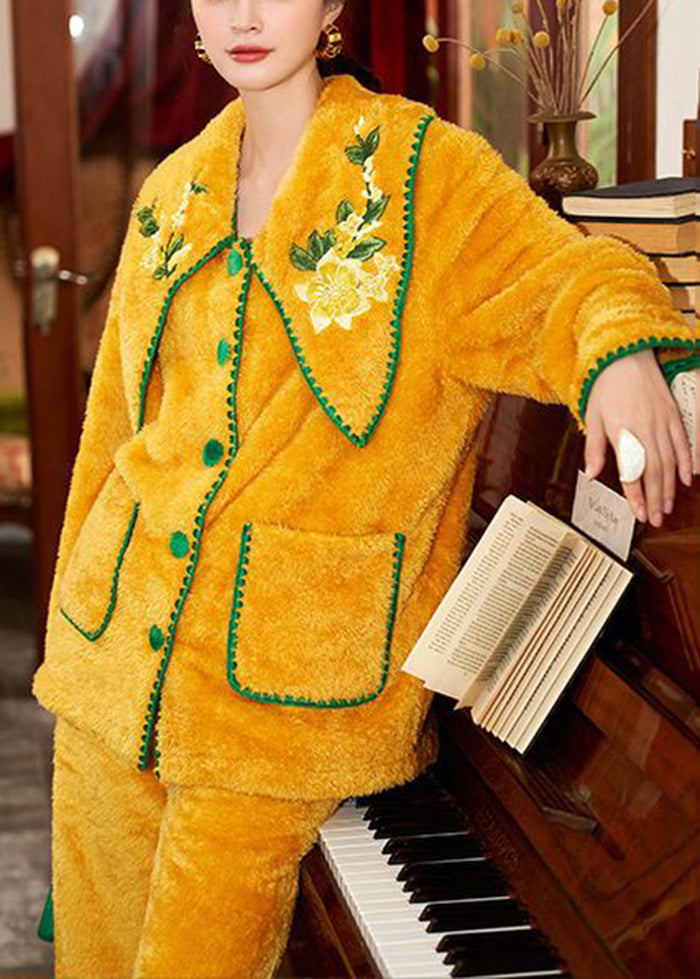 Handmade Yellow Embroideried Warm Fuzzy Fur Fluffy Pajamas Two Pieces Set Winter