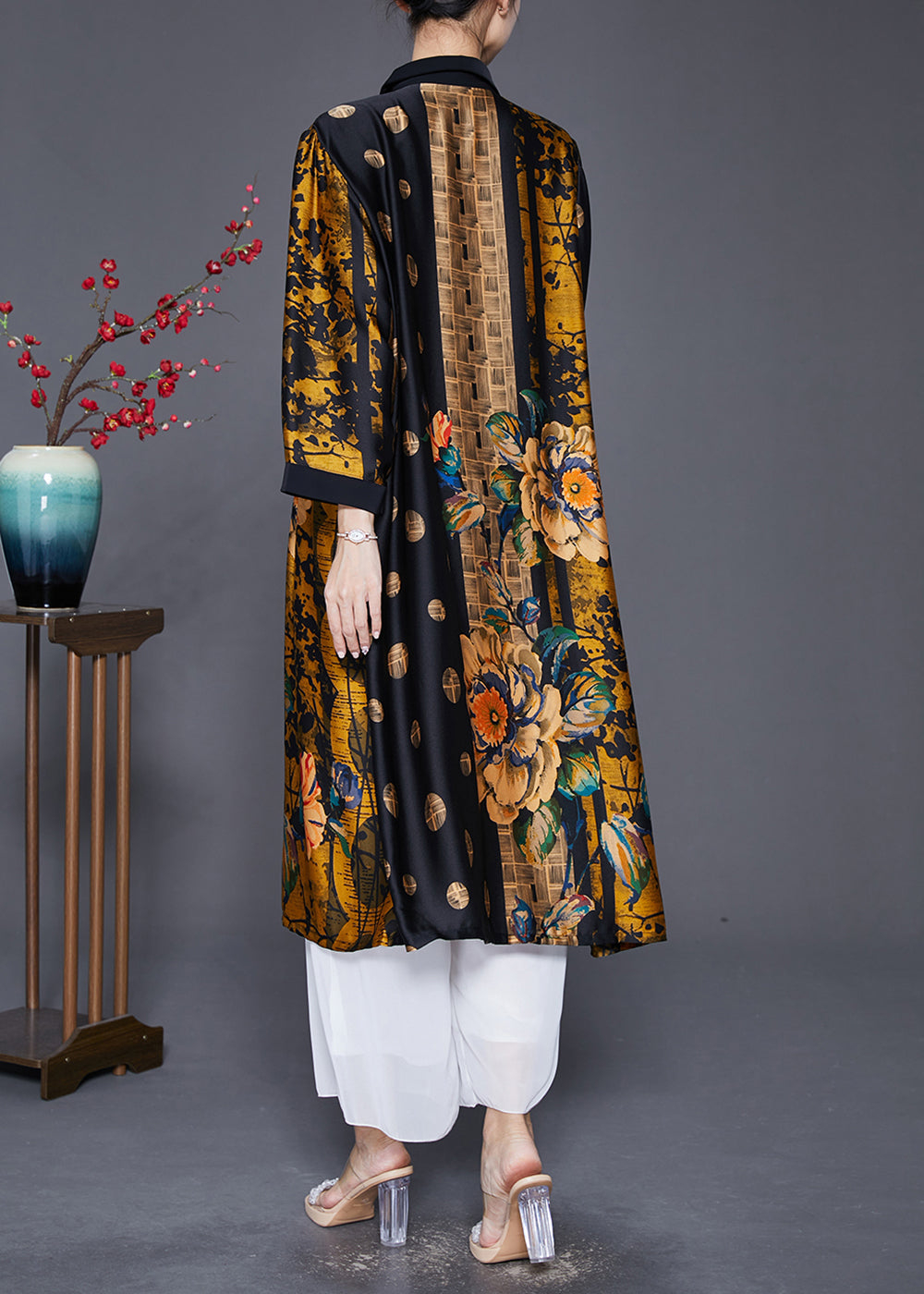 Handmade Yellow Oversized Print Wrinkled Silk Coats Fall