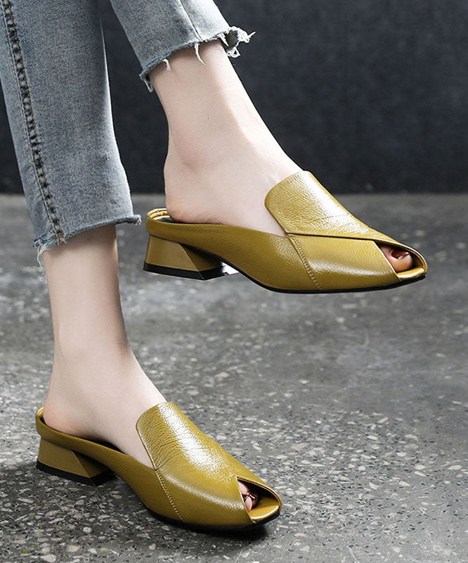 Handmade Yellow Peep Toe Splicing Soft Chunky Slide Sandals