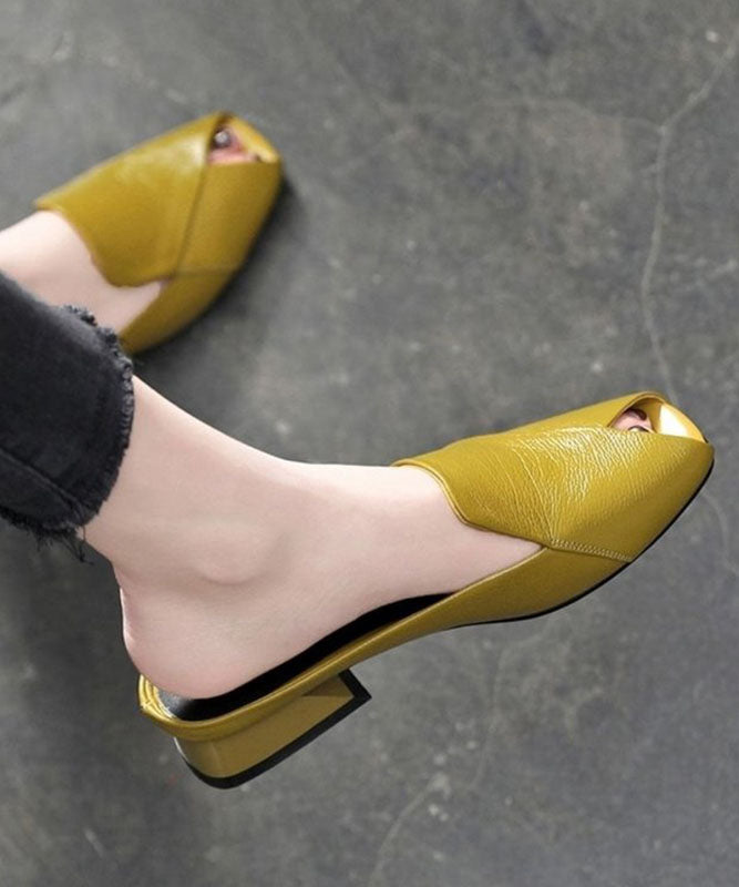 Handmade Yellow Peep Toe Splicing Soft Chunky Slide Sandals