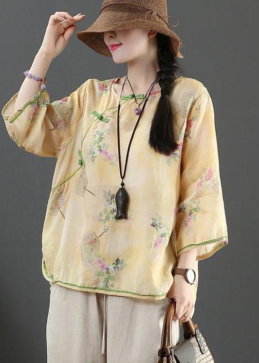 Handmade Yellow Print Linen Summer Shirts - Omychic