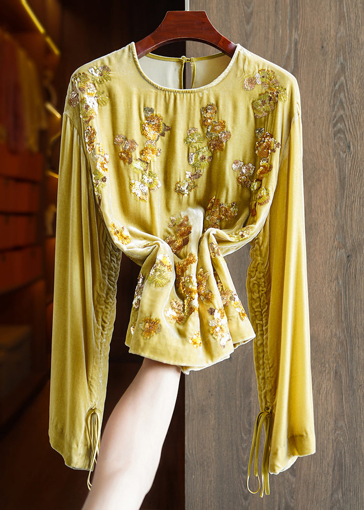 Handmade Yellow Sequins Lace Up Silk Velour Top Long Sleeve