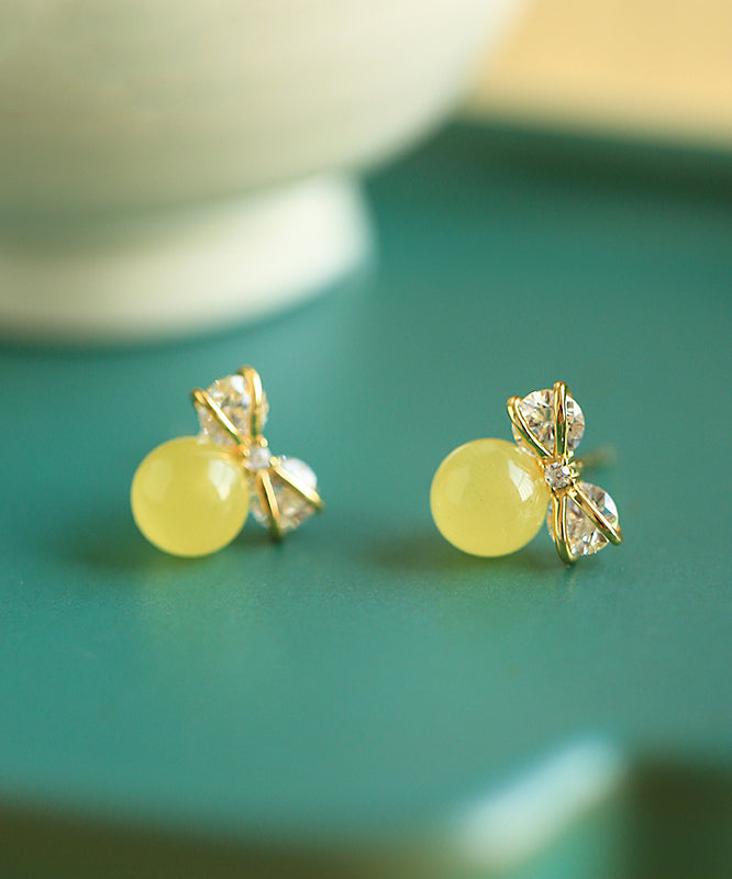 Handmade Yellow Sterling Silver Overgild Zircon Beeswax Bow Drop Earrings