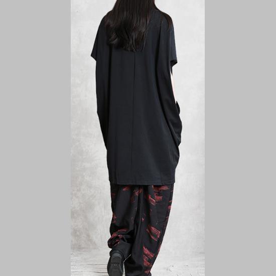 Handmade asymmetric pockets cotton Long Shirts pattern black shirts summer - Omychic