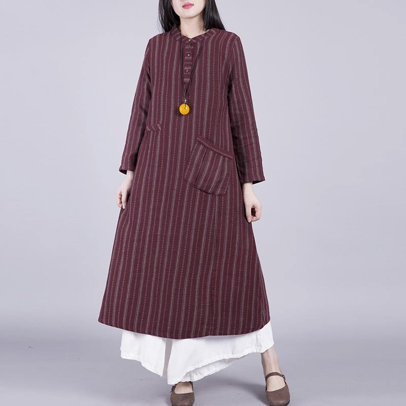 Handmade big pockets cotton clothes For Women Photography red striped A Line Dress autumn - Omychic