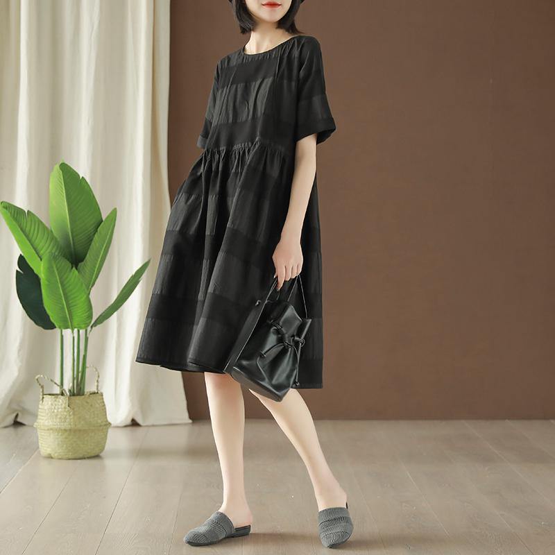 Handmade black Cotton dresses o neck pockets Plus Size summer Dresses - Omychic