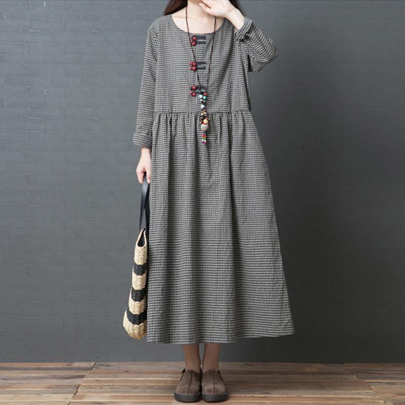 Handmade black Plaid linen dresses Korean Fabrics o neck patchwork long Dress - Omychic
