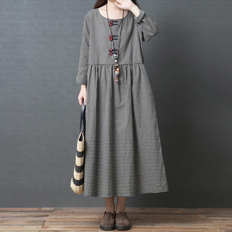 Handmade black Plaid linen dresses Korean Fabrics o neck patchwork long Dress - Omychic