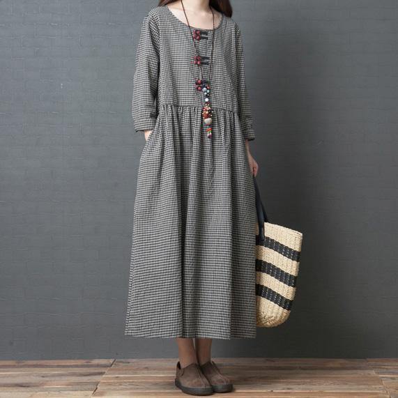 Handmade black Plaid linen dresses Korean Fabrics o neck patchwork long Dress - Omychic