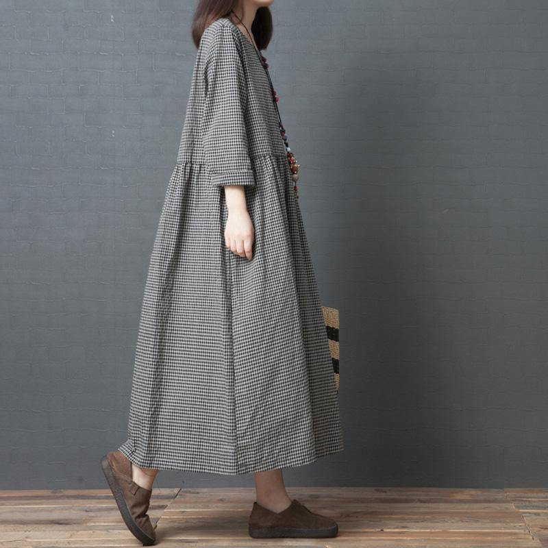 Handmade black Plaid linen dresses Korean Fabrics o neck patchwork long Dress - Omychic