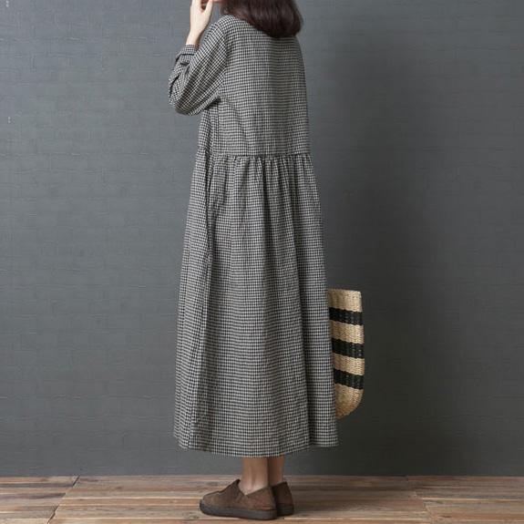 Handmade black Plaid linen dresses Korean Fabrics o neck patchwork long Dress - Omychic
