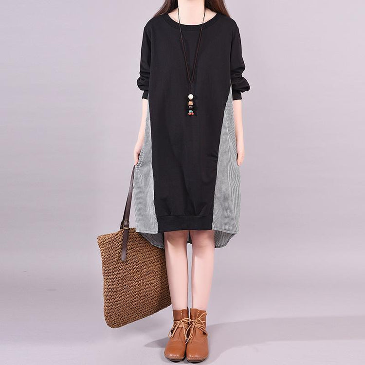 Handmade black cotton Patchwork dresses plus size  Round Neck Dress - Omychic