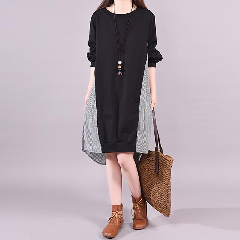 Handmade black cotton Patchwork dresses plus size  Round Neck Dress - Omychic