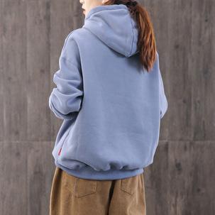 Handmade blue cotton clothes For Women hooded alphabet oversized blouses - Omychic