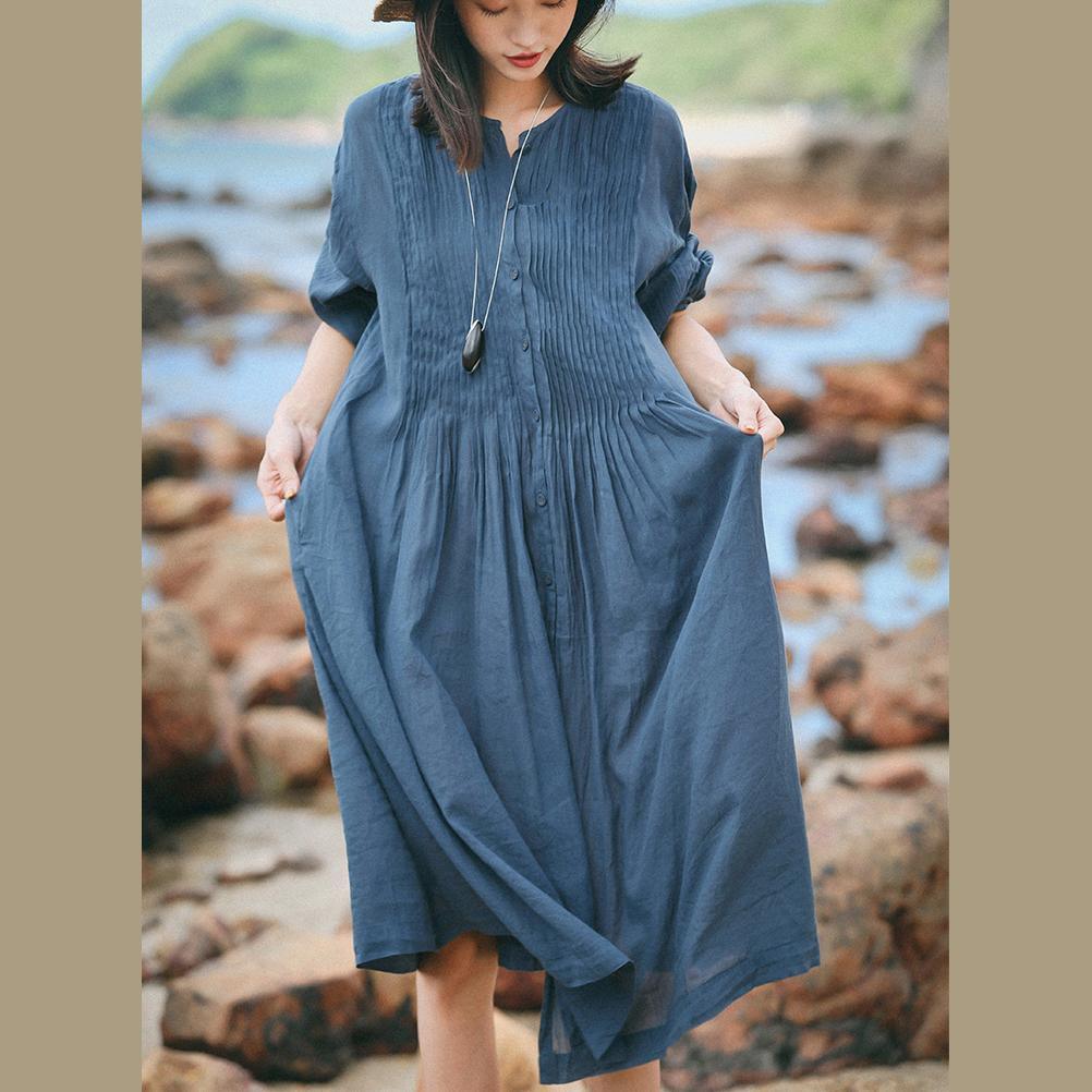 Handmade blue gray linen Tunics Organic Catwalk o neck pockets Art Summer Dresses - Omychic