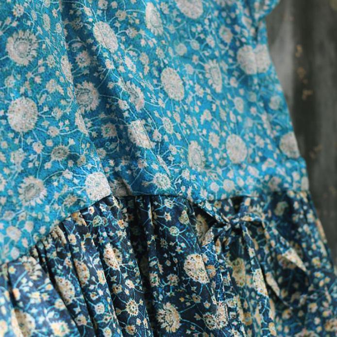 Handmade blue print linen clothes For Women Metropolitan Museum pattern v neck patchwork Traveling Summer Dress - Omychic