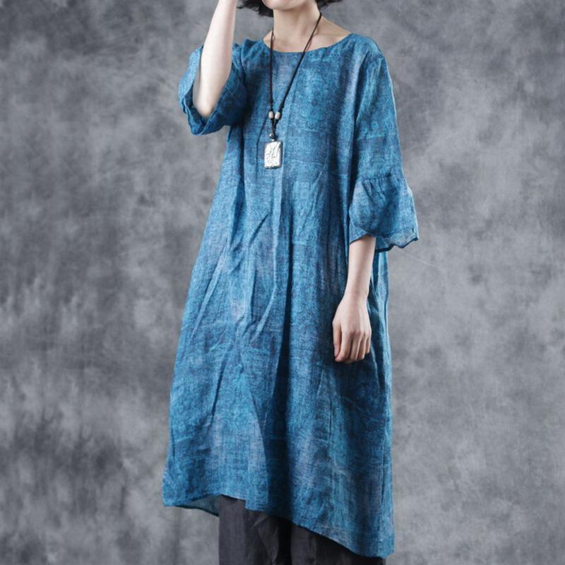 Handmade blue print linen dresses o neck pockets oversized summer Dresses - Omychic
