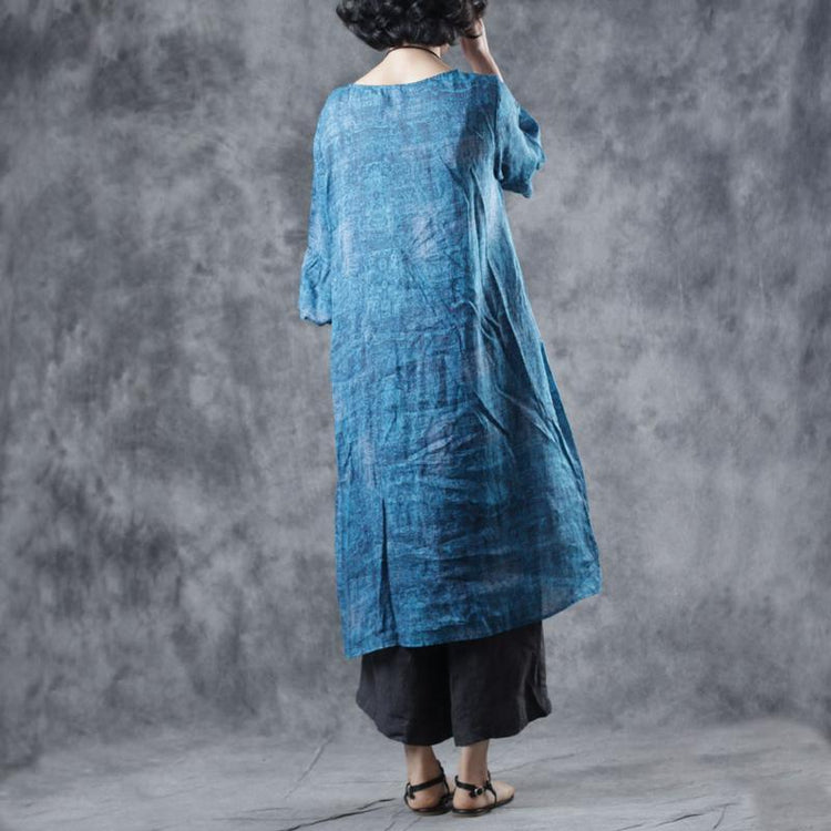 Handmade blue print linen dresses o neck pockets oversized summer Dresses - Omychic