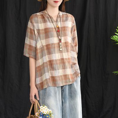 Handmade box top Organic Summer V-Neck Button Retro Linen Blouse - Omychic