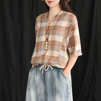 Handmade box top Organic Summer V-Neck Button Retro Linen Blouse - Omychic