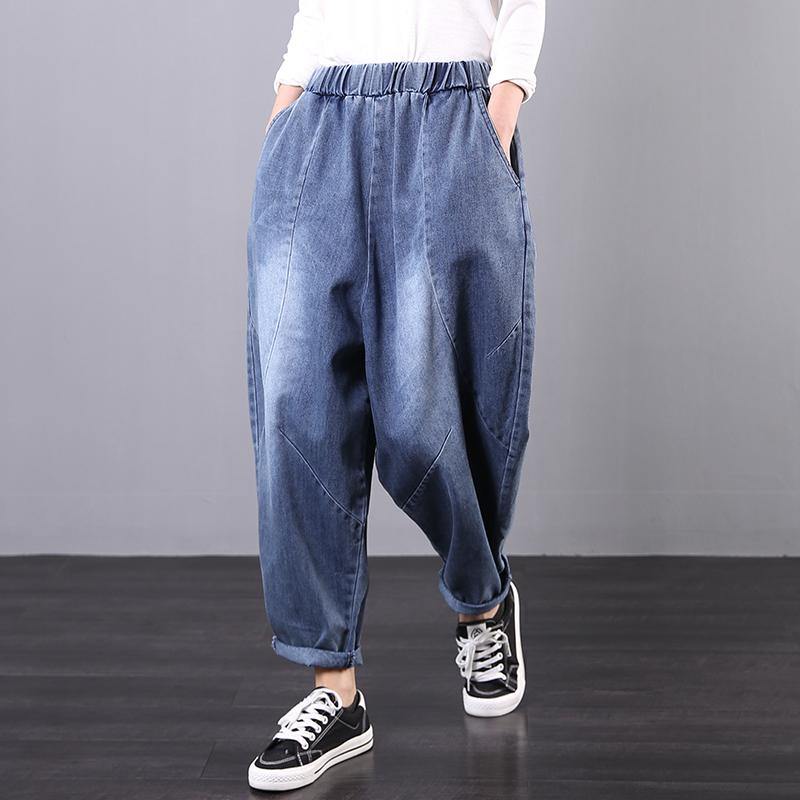 Handmade casual pants denim blue Tutorials elastic waist trousers - Omychic