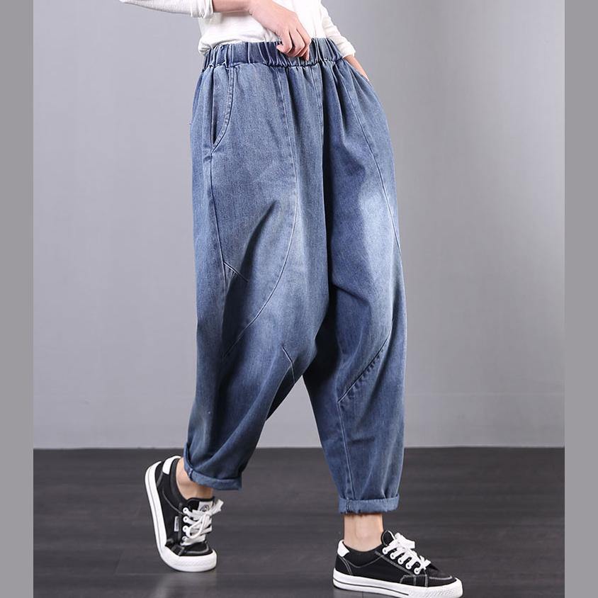 Handmade casual pants denim blue Tutorials elastic waist trousers - Omychic