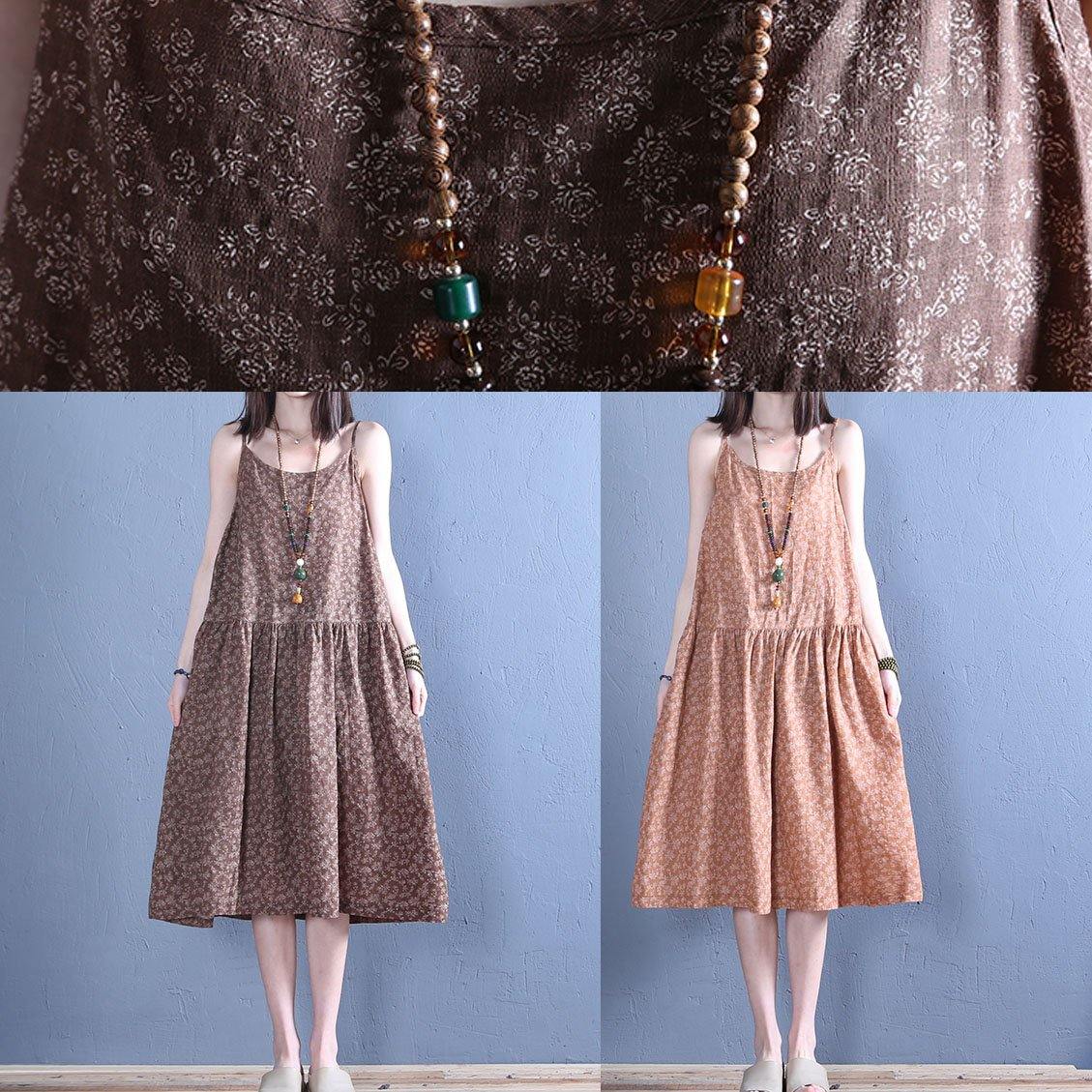 Handmade chocolate print linen clothes Spaghetti Strap Midi summer Dress - Omychic