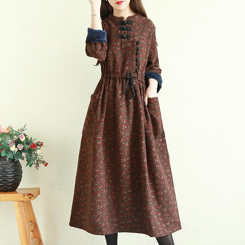 Handmade chocolate print linen dress stand collar patchwork long fall Dresses - Omychic