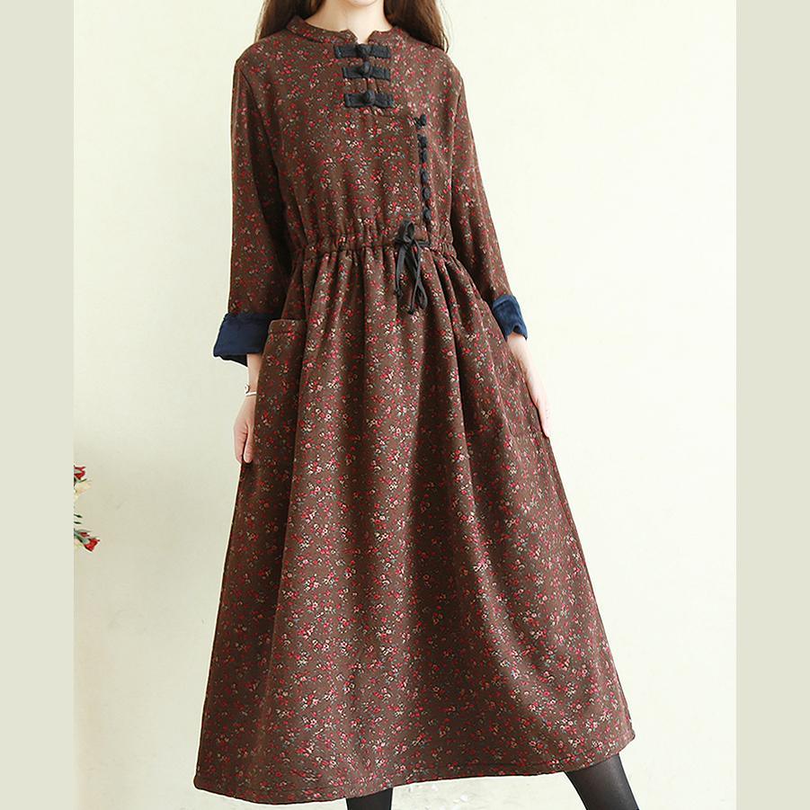 Handmade chocolate print linen dress stand collar patchwork long fall Dresses - Omychic