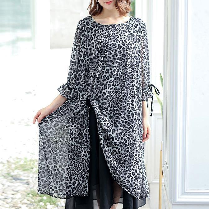 Handmade clothes Drops Design Leopard Print Lacing Ruffles Spliced Chiffon blended Dress - Omychic